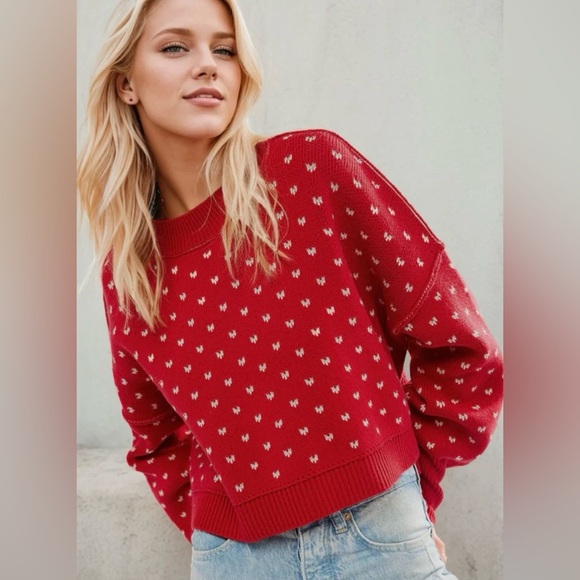 🆕 FREE PEOPLE 🇺🇸 Easy Street Sweater in Cherry 🍒 Combo Size Large Oversized - Picture 3 of 10